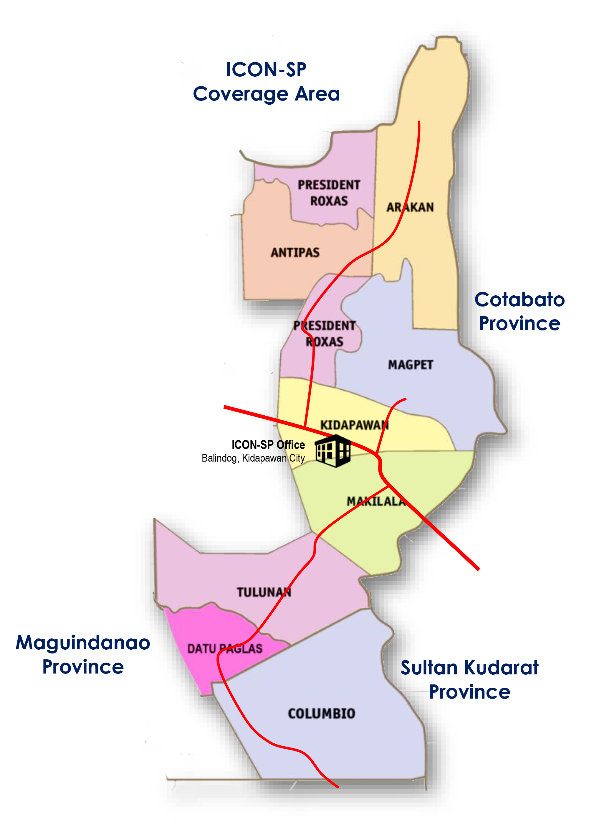 Map of ICON-SP coverage area across Cotabato Province, showing President Roxas, Antipas, Arakan, Kidapawan City, Magpet, Makilala, Tulunan, and Datu Paglas municipalities, with ICON-SP office marked in Balindog, Kidapawan City
