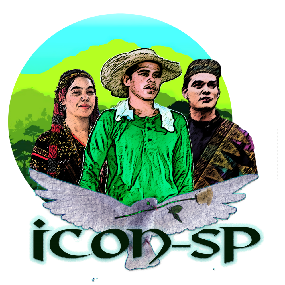 Illustrated ICON-SP emblem showing an Indigenous woman, a farmer, and a Moro man beneath a dove carrying an olive branch
